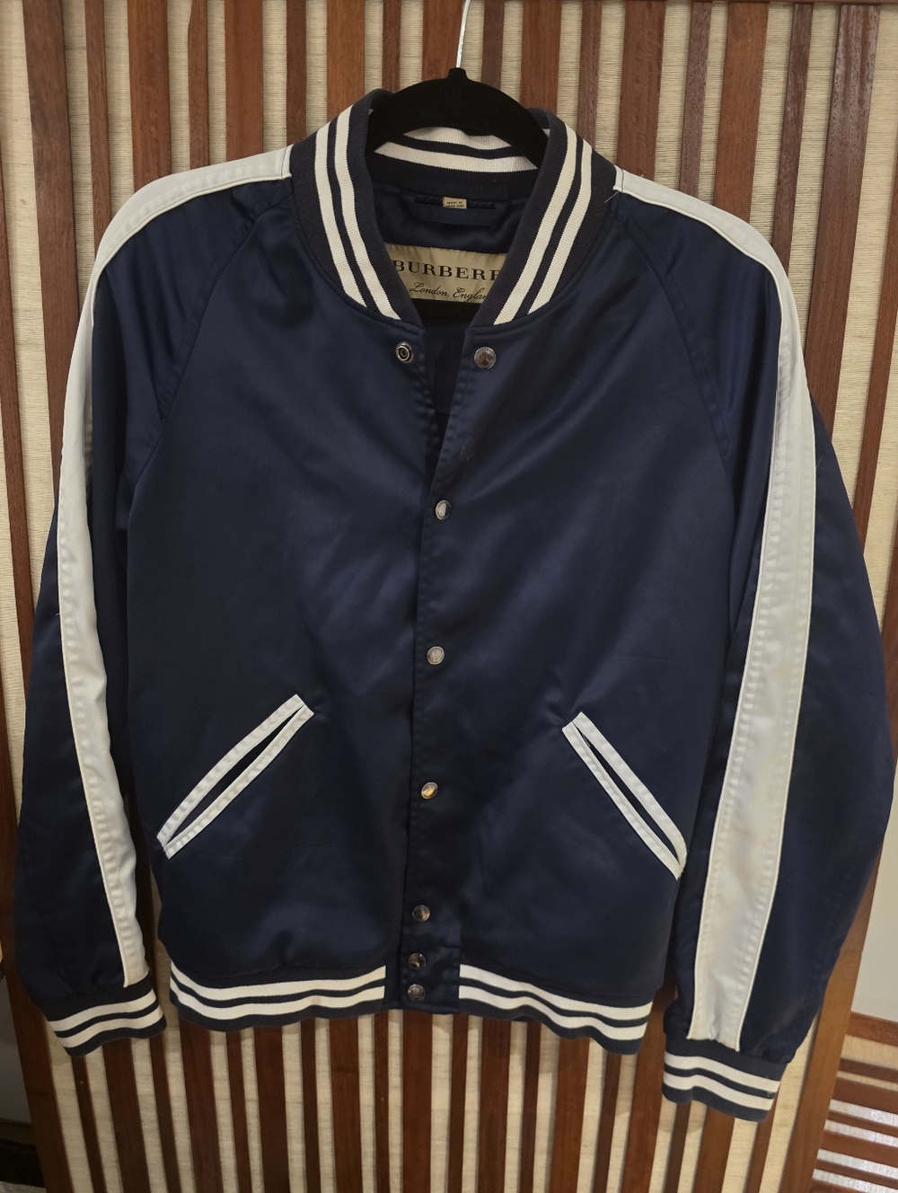 Vintage Burberry Navy Satin Bomber Jacket with White-Striped Rib Trim. Xs Size50
